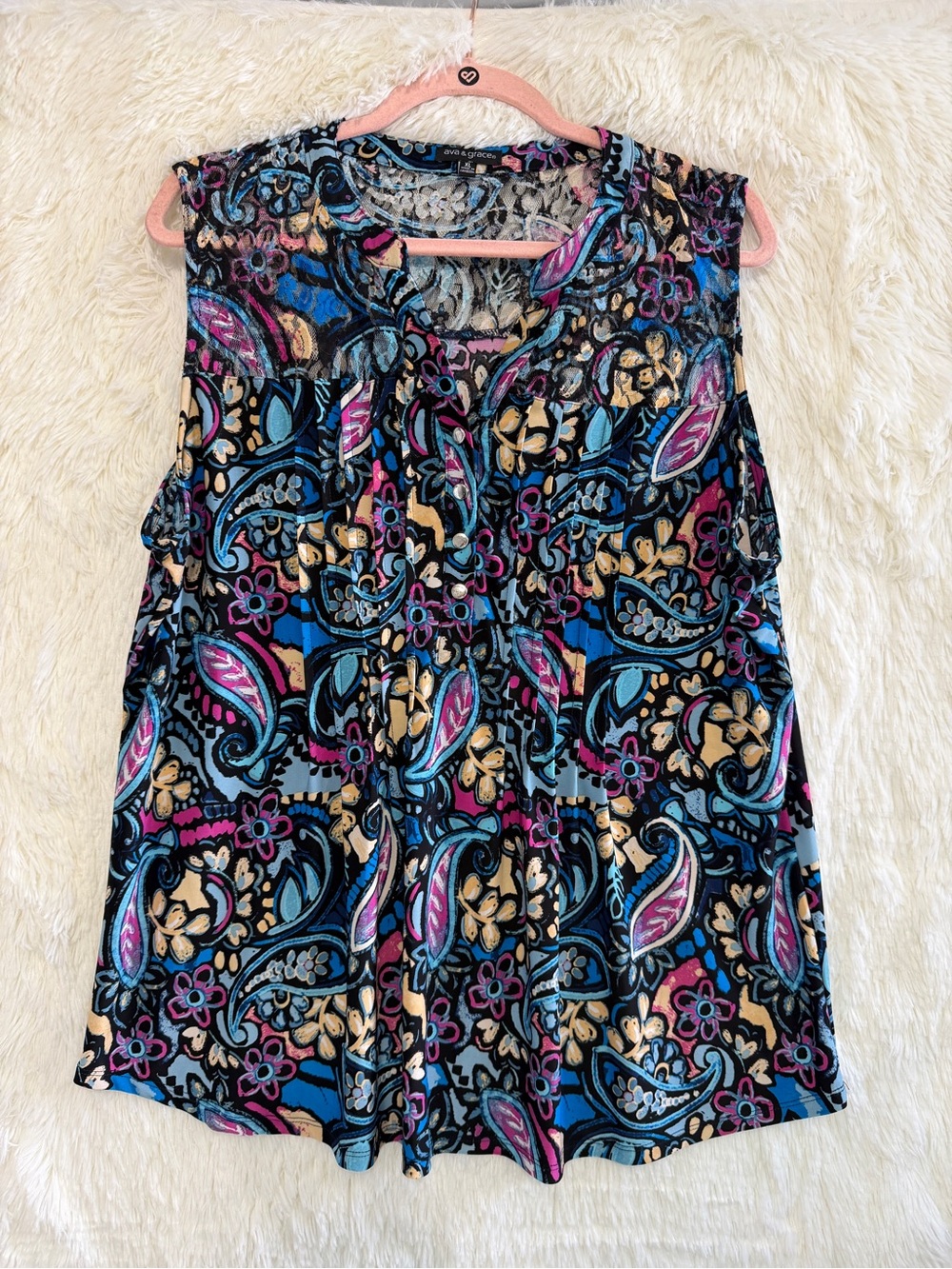 Ava & Grace Womens Boho Chic Paisley Print Sleeveless V-Neck Blouse Size XL Blue